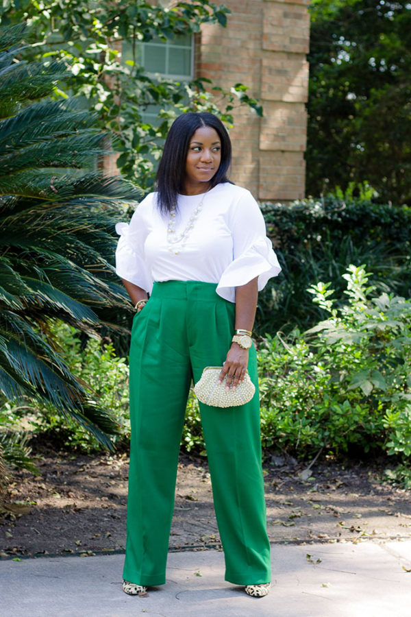 Green White Green + Ruffle Sleeve Tee and Wide Leg Pants - Queen of Sleeves